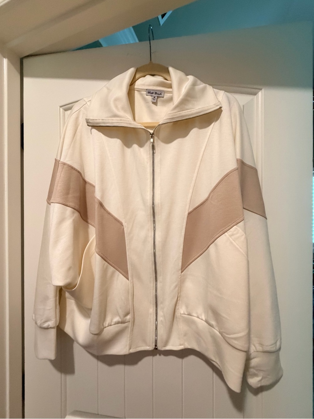white birch Cream Bomber Jacket with Beige Chevron Panels